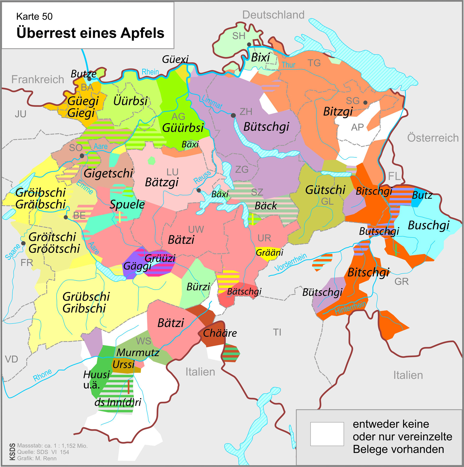Dialect map: the various names for the core left over from an apple in German-speaking Switzerland, from Bütschgi and Bätzi to Grübschi