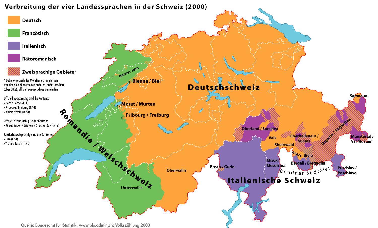 Map: distribution of Switzerland's four national languages, German, French, Italian and Romansh
